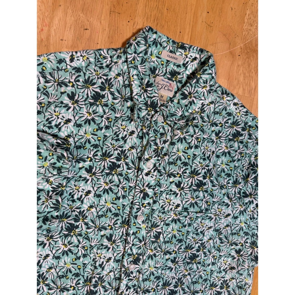 J Crew Shirt Mens Medium Green Floral 100% Linen Short Sleeve Button Down
